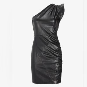 Express Faux Leather One Shoulder Ruched Mini Dress Black XXS